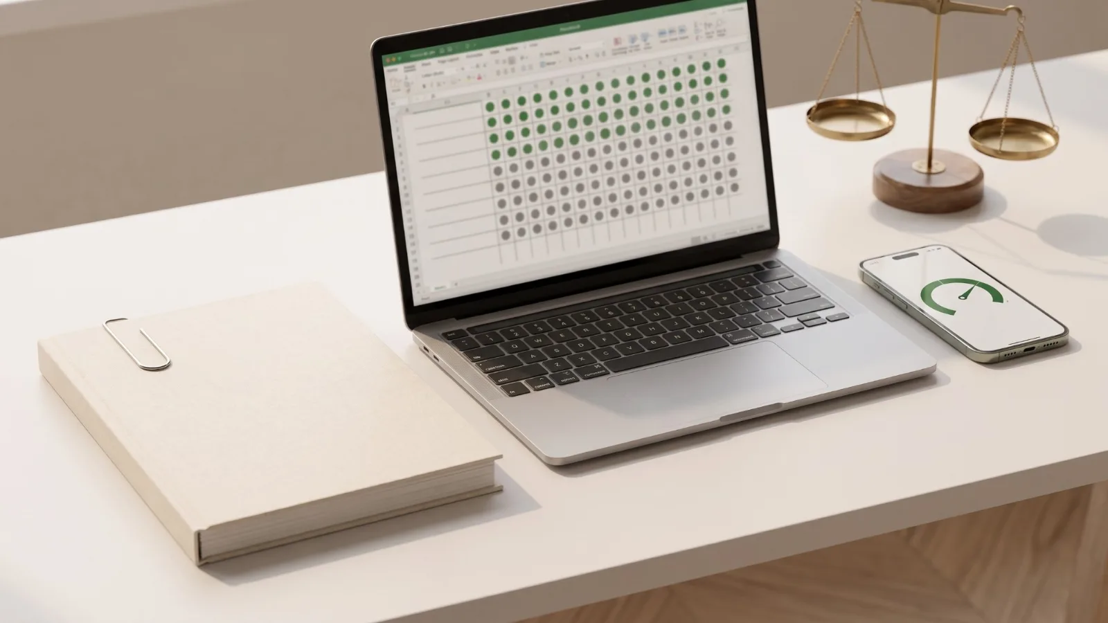 Rapport relié, tableur sur ordinateur et score sur téléphone posés côte à côte devant une petite balance, figurant les trois options de diagnostic.