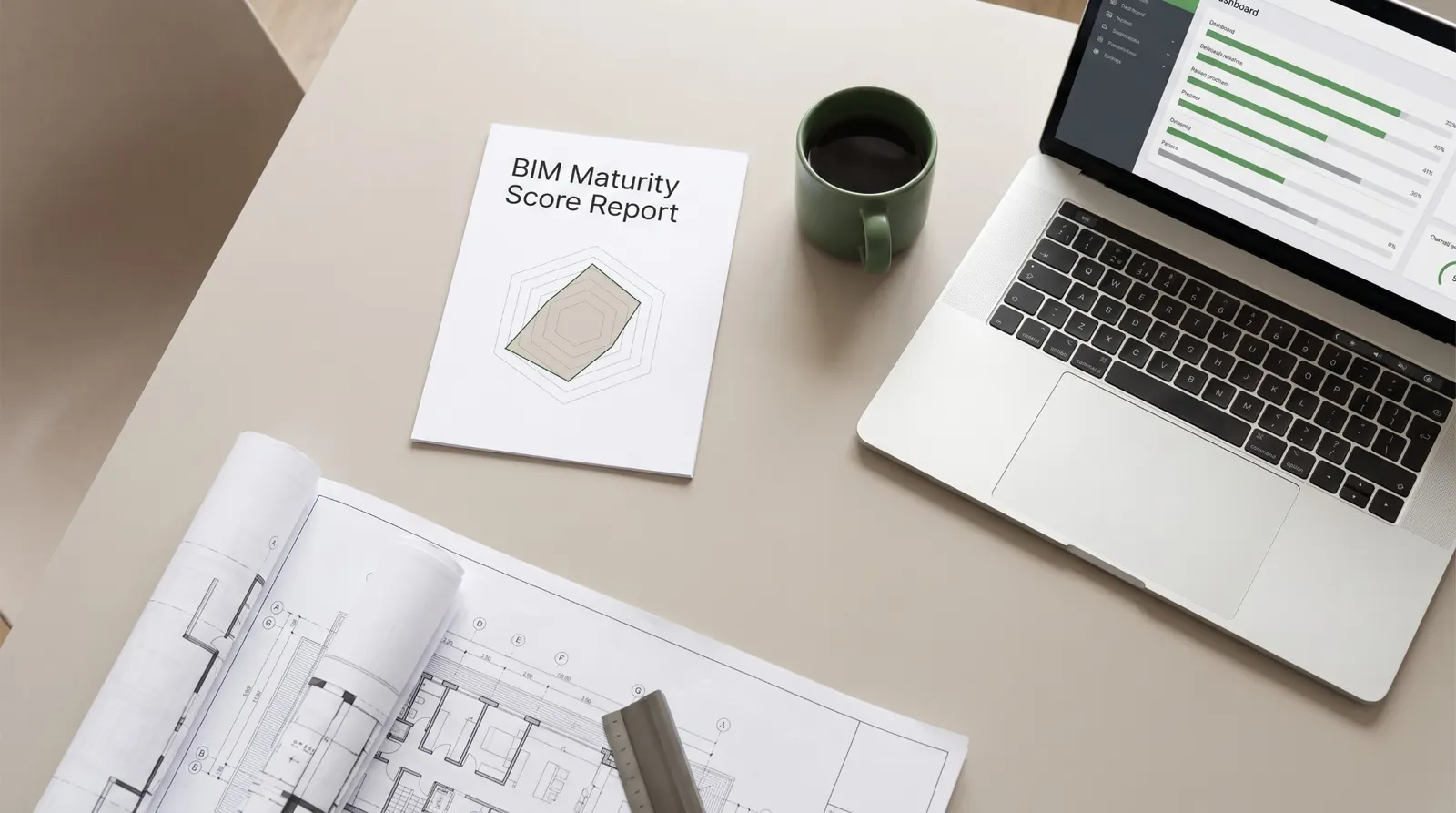 Rapport de score de maturité BIM avec un graphique radar, posé sur un bureau à côté d'un ordinateur portable affichant un tableau de bord et de plans d'architecte.
