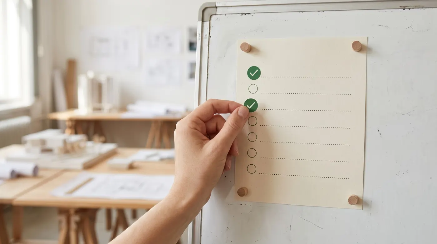 A hand places a green checkmark sticker on an action-plan checklist displayed on an architecture firm's whiteboard.