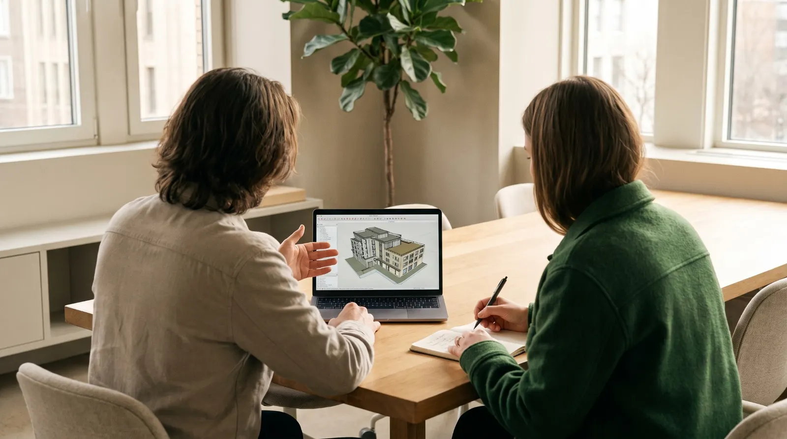 Trois documents d'architecture posés sur un bureau et reliés par un fil vert, symbolisant l'enchaînement entre exigences client, plan d'exécution et environnement de données commun.