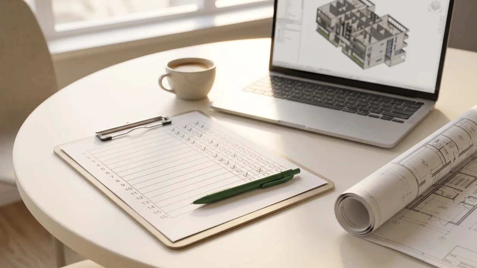 Grille d'entretien de quinze questions sur un porte-bloc, à côté d'un ordinateur affichant une maquette BIM et de plans roulés, sur une table de réunion.