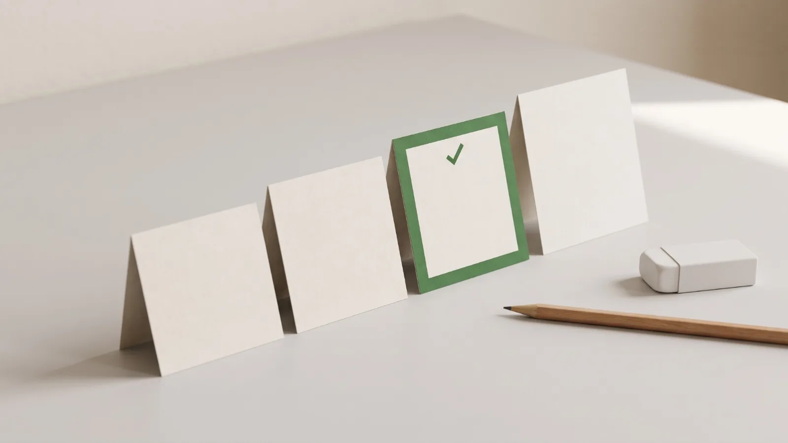 Four cards standing in a row, the third framed in green and ticked, representing scoring an answer on four described levels.