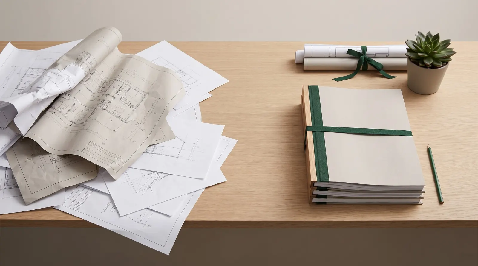 Classeur technique ouvert sur une page annotée en vert, avec une règle et un crayon, représentant les changements concrets imposés par l'ISO 19650.