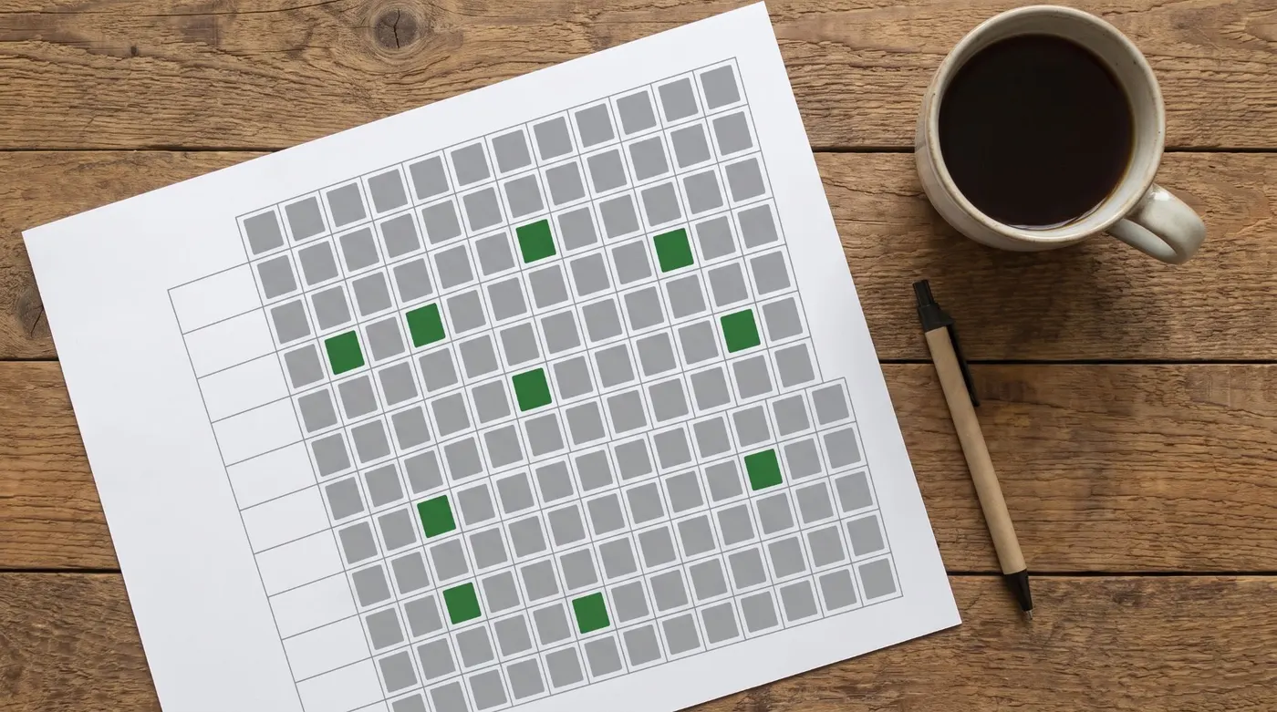 Printed skills criteria grid with boxes checked in green, placed on an architectural drawing.