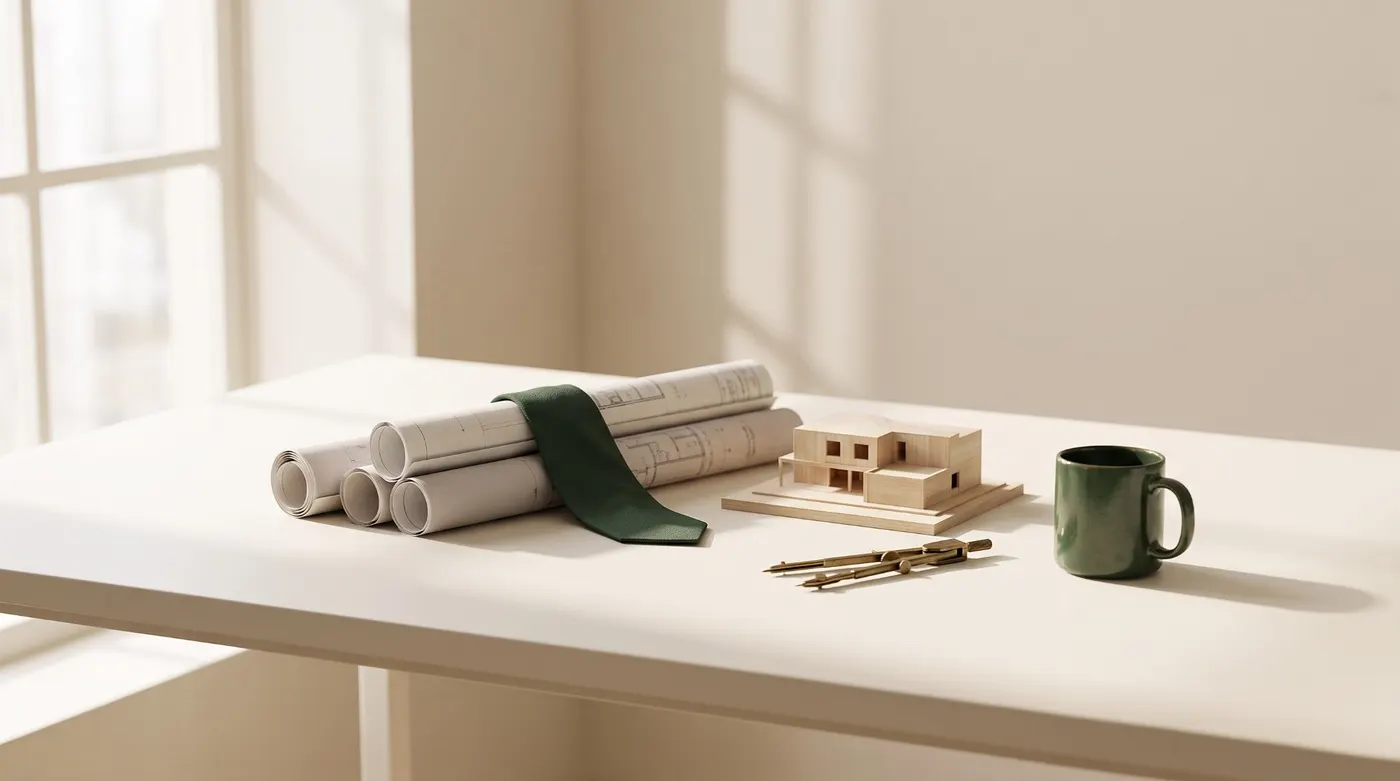 Rouleaux de plans d'architecte, une cravate verte, une maquette de maison en bois et un mug vert posés sur un bureau clair, symbolisant les fondamentaux d'une pratique d'agence.