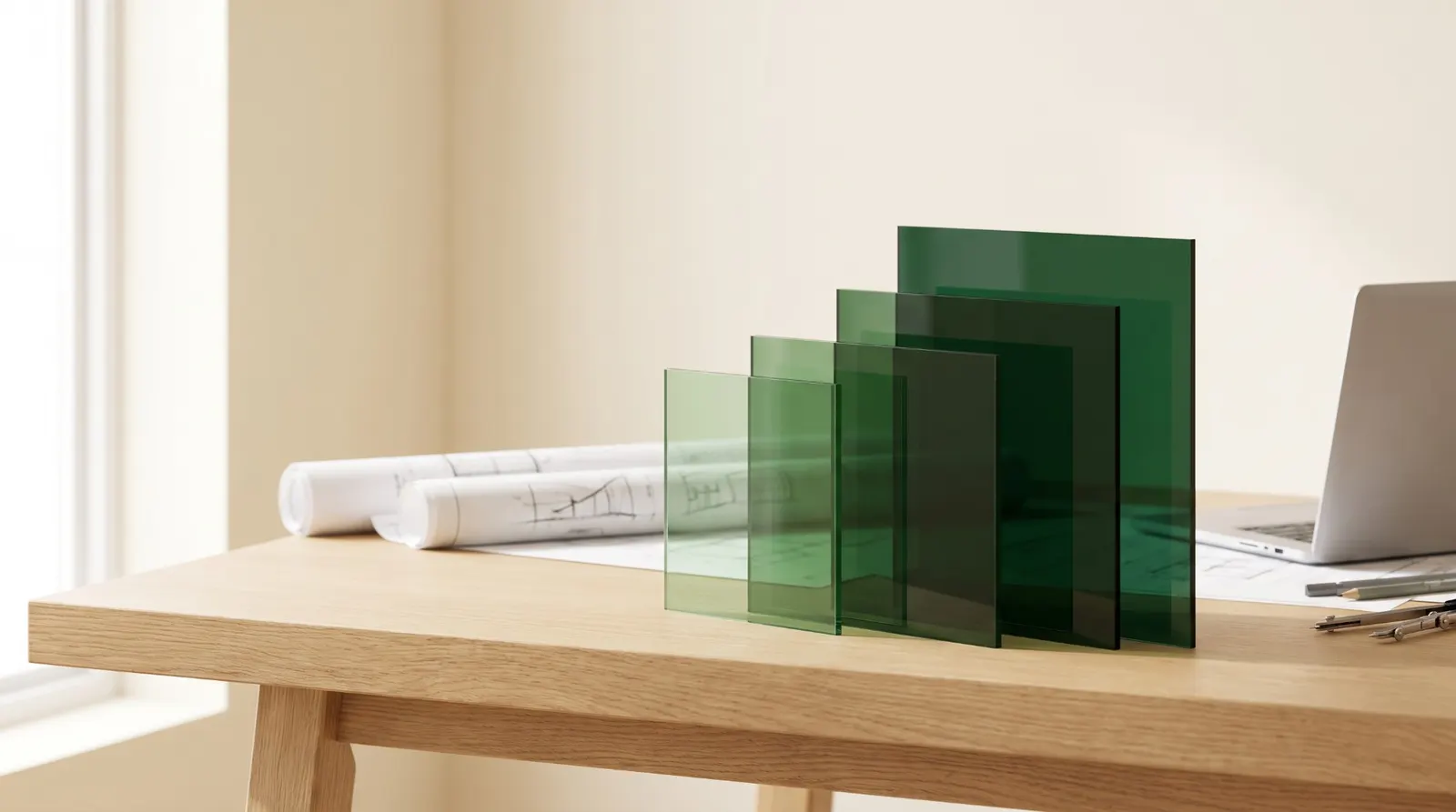Quatre panneaux d'acrylique translucide de hauteurs croissantes, du vert clair au vert profond, posés sur un bureau d'architecte à côté de plans et d'un ordinateur portable, symbolisant quatre niveaux de maturité progressifs.