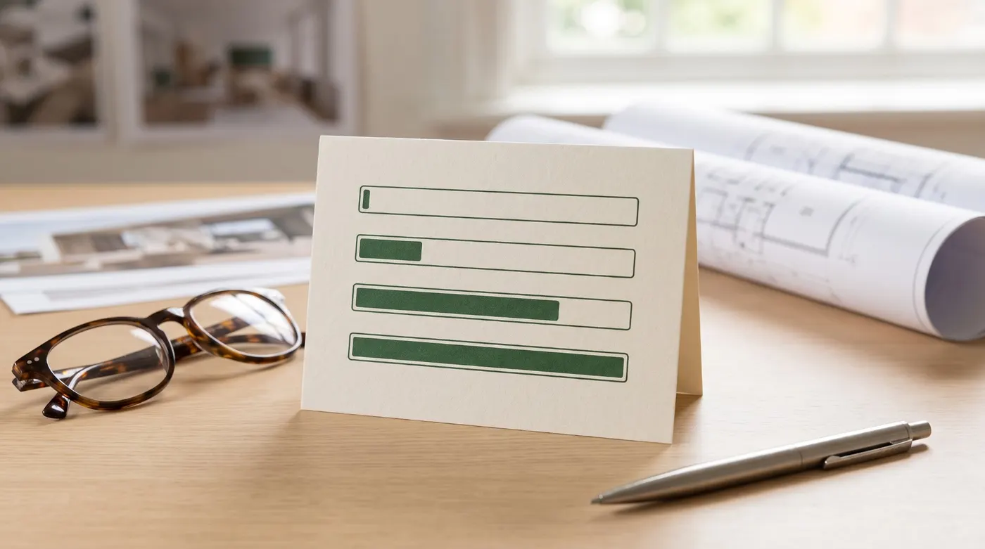 Fiche imprimée avec quatre barres de progression vert dégradé représentant les niveaux de maturité BIM, posée sur un bureau à côté de lunettes de lecture, d'un stylo et de plans roulés.